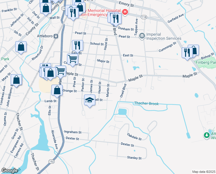 map of restaurants, bars, coffee shops, grocery stores, and more near 72 Orange Street in Attleboro
