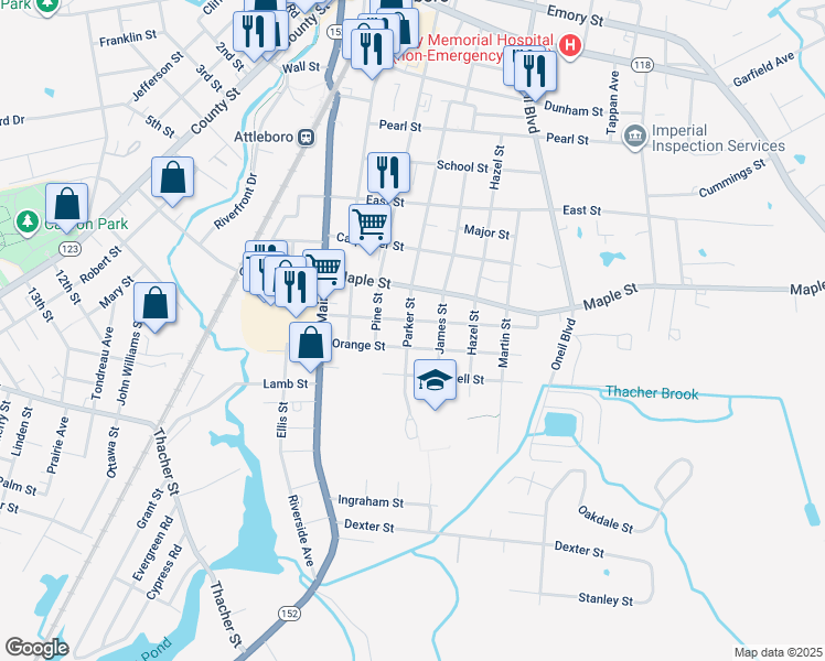 map of restaurants, bars, coffee shops, grocery stores, and more near 37 Orange Street in Attleboro
