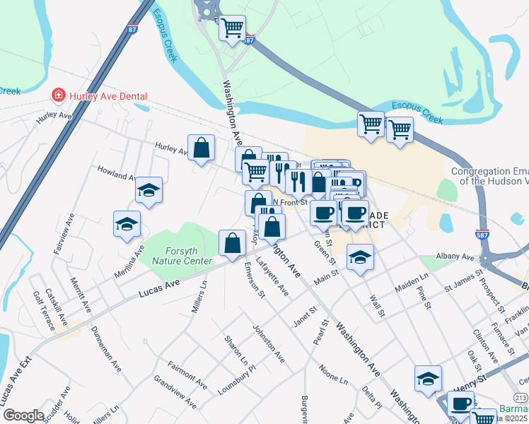 map of restaurants, bars, coffee shops, grocery stores, and more near 357 Washington Avenue in Kingston