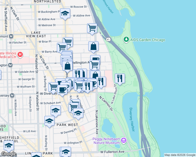 map of restaurants, bars, coffee shops, grocery stores, and more near 2845 North Sheridan Road in Chicago
