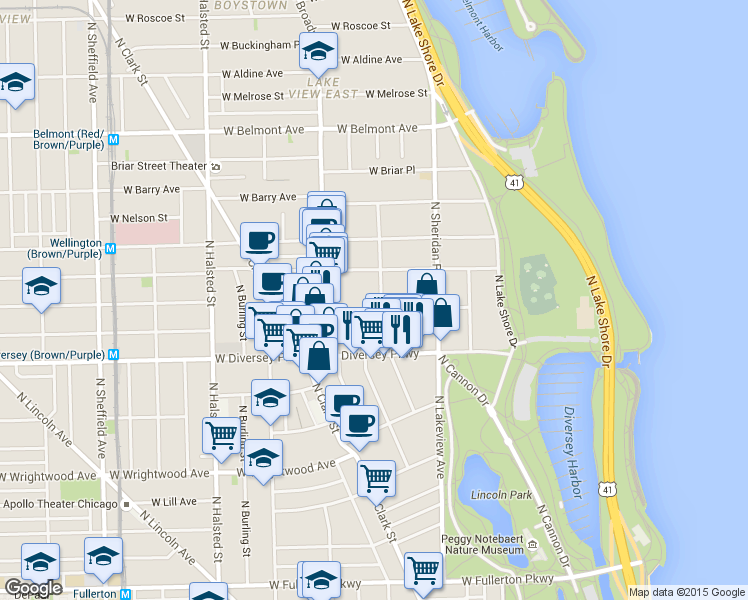 map of restaurants, bars, coffee shops, grocery stores, and more near 501 West Surf Street in Chicago