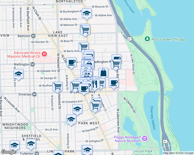 map of restaurants, bars, coffee shops, grocery stores, and more near 555 West Surf Street in Chicago