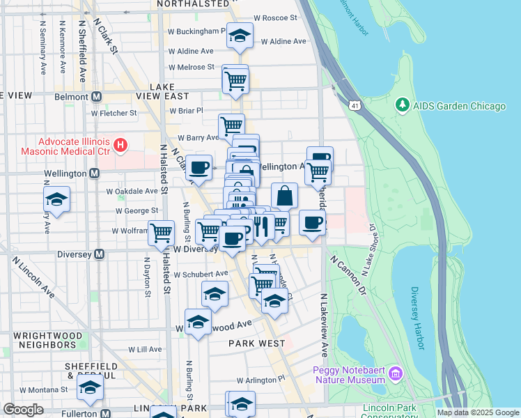 map of restaurants, bars, coffee shops, grocery stores, and more near 555 West Surf Street in Chicago