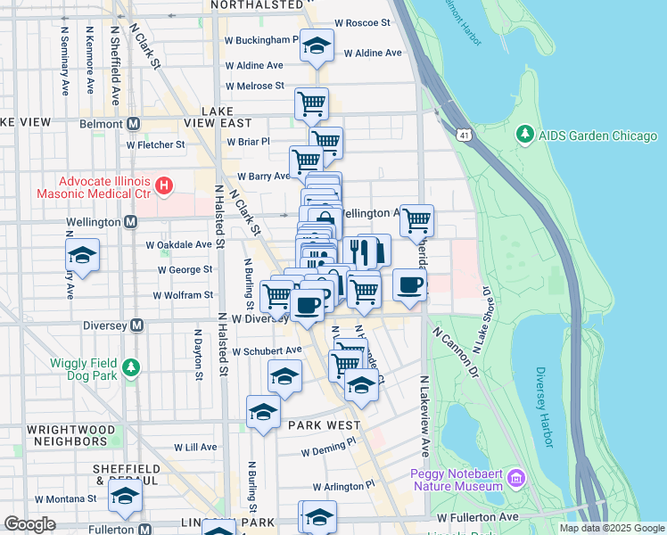 map of restaurants, bars, coffee shops, grocery stores, and more near 555 West Surf Street in Chicago