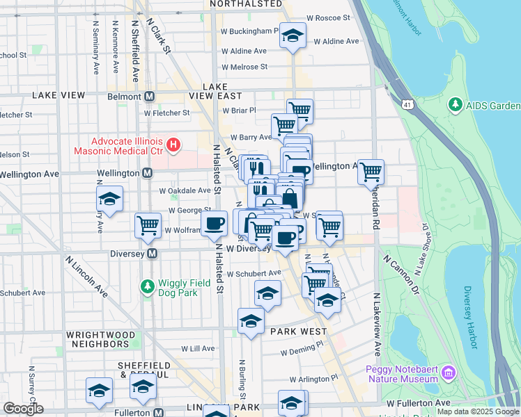 map of restaurants, bars, coffee shops, grocery stores, and more near 2848 North Orchard Street in Chicago