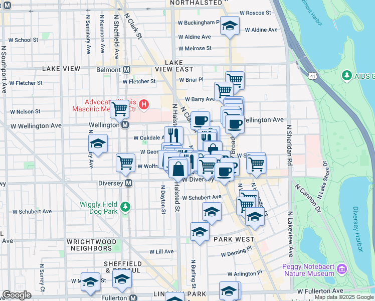 map of restaurants, bars, coffee shops, grocery stores, and more near 2842 North Burling Street in Chicago