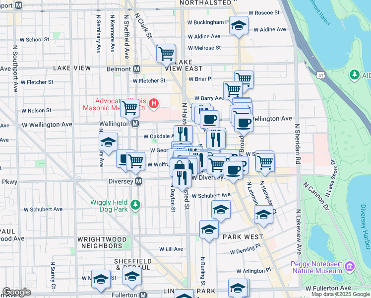 map of restaurants, bars, coffee shops, grocery stores, and more near 2842 North Halsted Street in Chicago