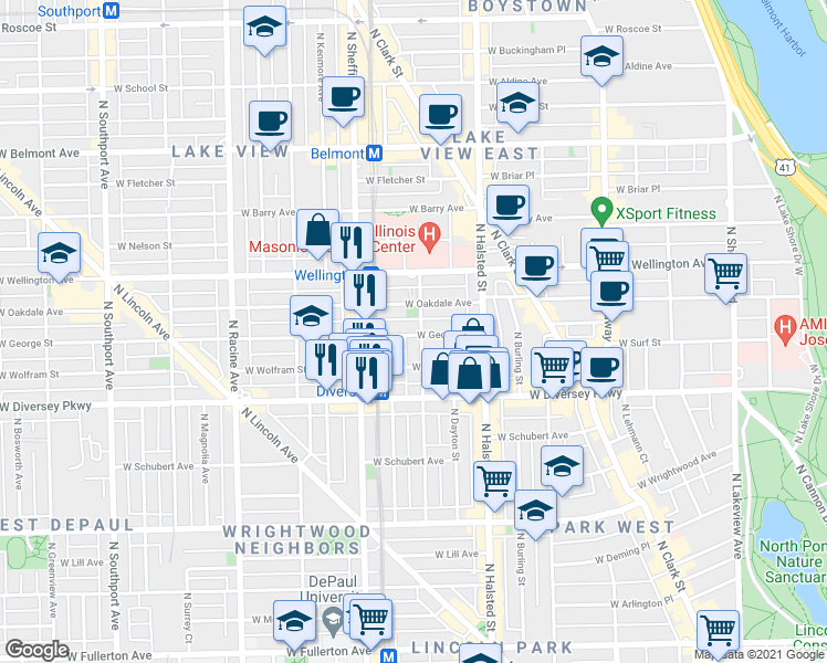 map of restaurants, bars, coffee shops, grocery stores, and more near 924 West Wolfram Street in Chicago