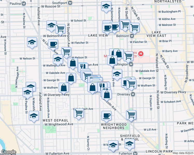 map of restaurants, bars, coffee shops, grocery stores, and more near 2849 North Racine Avenue in Chicago