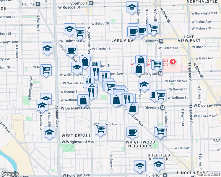 map of restaurants, bars, coffee shops, grocery stores, and more near 2853 North Lincoln Avenue in Chicago