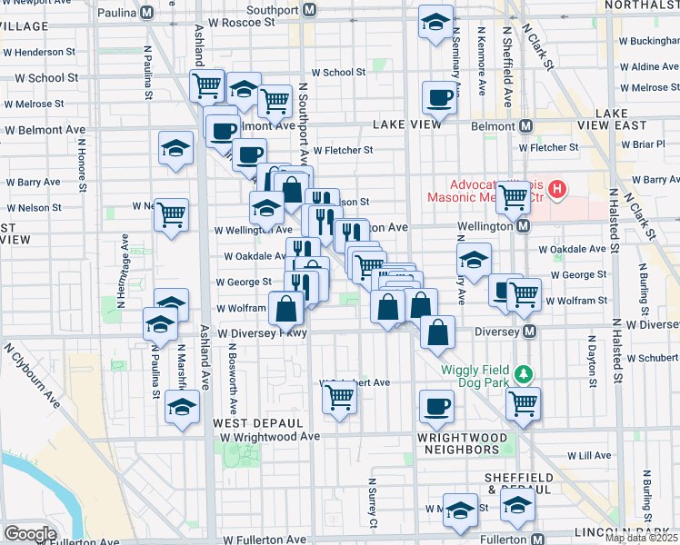 map of restaurants, bars, coffee shops, grocery stores, and more near 1303 West George Street in Chicago