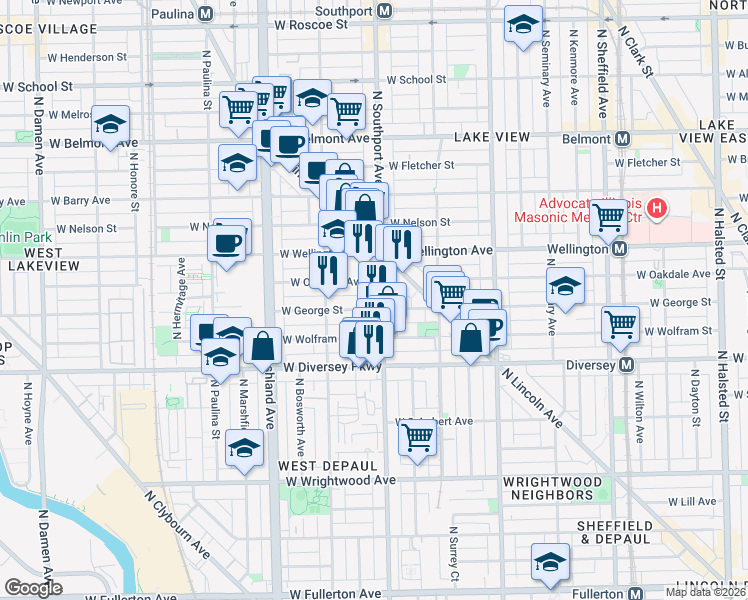 map of restaurants, bars, coffee shops, grocery stores, and more near 1415 West George Street in Chicago