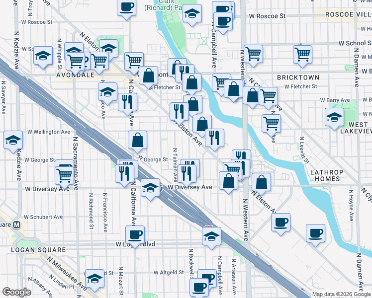 map of restaurants, bars, coffee shops, grocery stores, and more near 2900 North Rockwell Street in Chicago