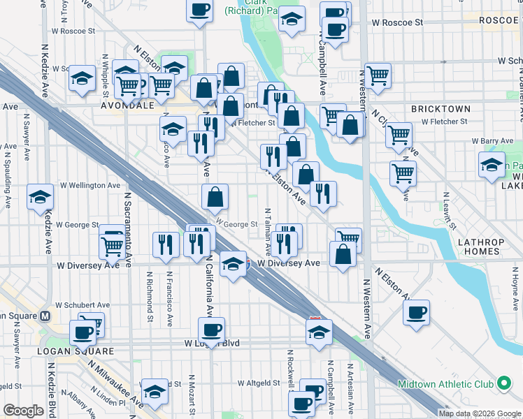map of restaurants, bars, coffee shops, grocery stores, and more near 2644 West George Street in Chicago