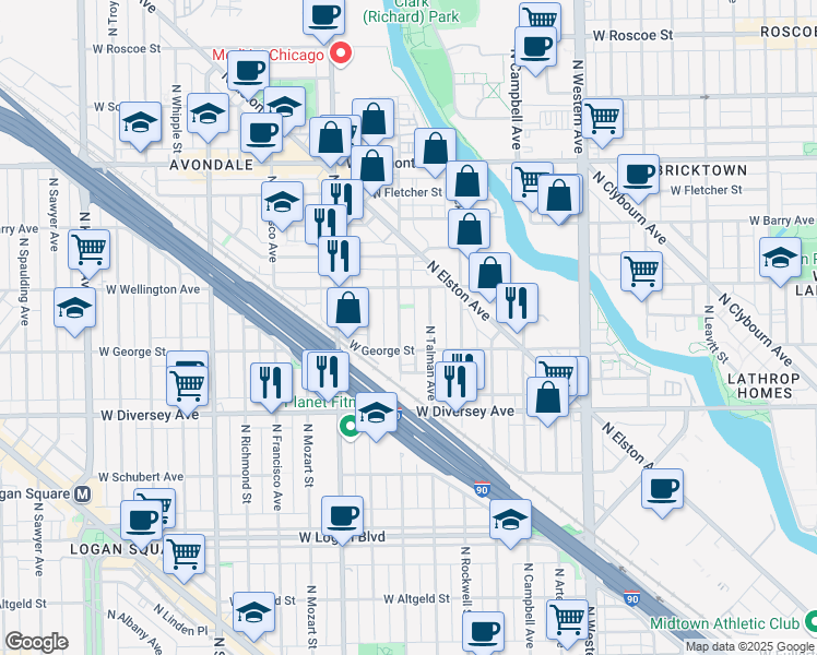 map of restaurants, bars, coffee shops, grocery stores, and more near 2644 West George Street in Chicago