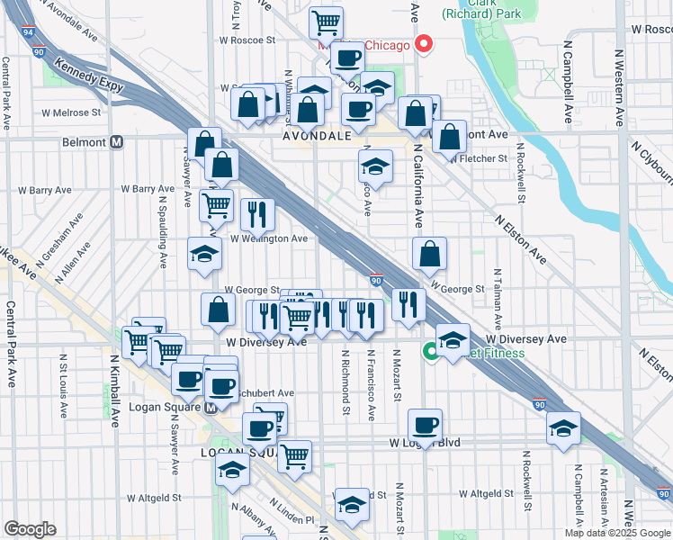map of restaurants, bars, coffee shops, grocery stores, and more near 2900 North Richmond Street in Chicago