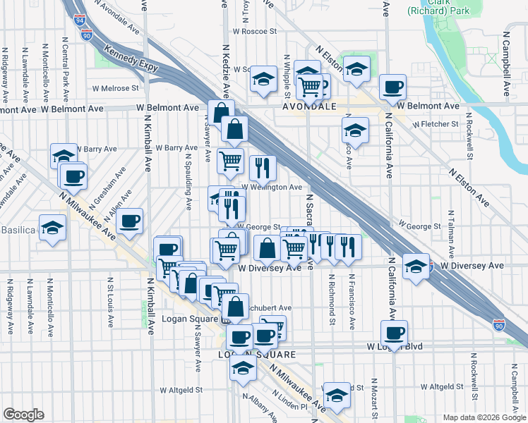 map of restaurants, bars, coffee shops, grocery stores, and more near 2920 North Albany Avenue in Chicago