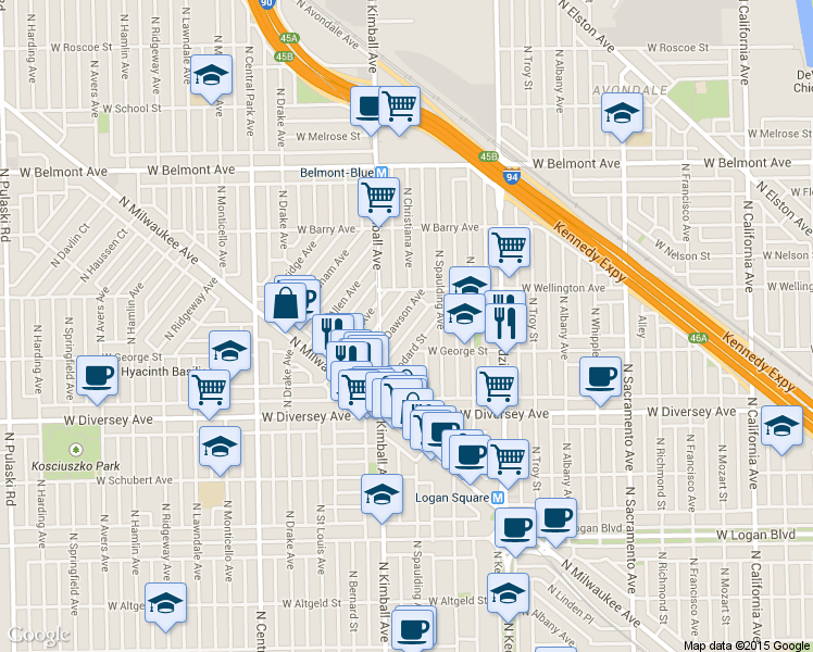 map of restaurants, bars, coffee shops, grocery stores, and more near 2868 North Woodard Street in Chicago