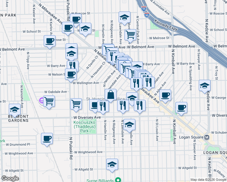 map of restaurants, bars, coffee shops, grocery stores, and more near 2902 North Ridgeway Avenue in Chicago