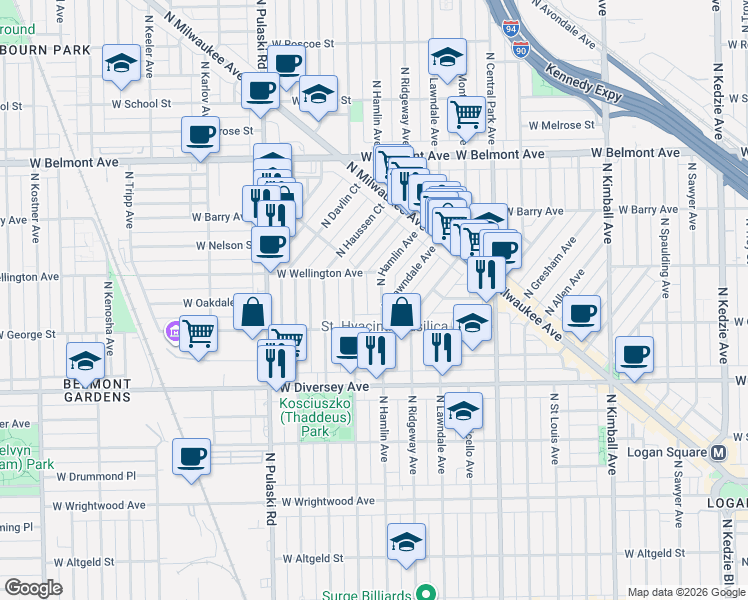 map of restaurants, bars, coffee shops, grocery stores, and more near 3816 West George Street in Chicago