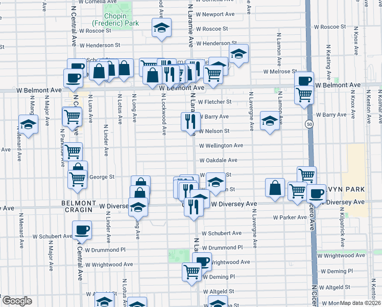 map of restaurants, bars, coffee shops, grocery stores, and more near 5225 West Oakdale Avenue in Chicago