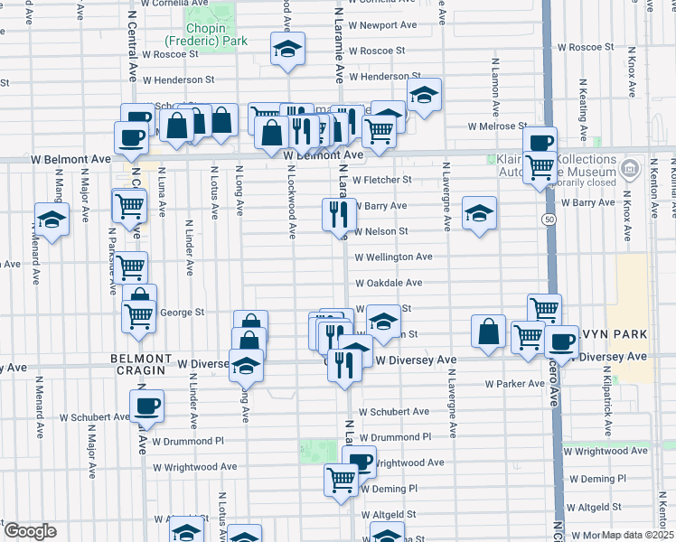 map of restaurants, bars, coffee shops, grocery stores, and more near 5225 West Oakdale Avenue in Chicago