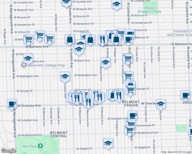 map of restaurants, bars, coffee shops, grocery stores, and more near 2930 North Monitor Avenue in Chicago