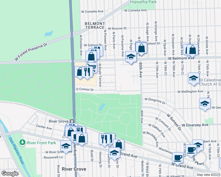 map of restaurants, bars, coffee shops, grocery stores, and more near 8211 Oconnor Drive in River Grove