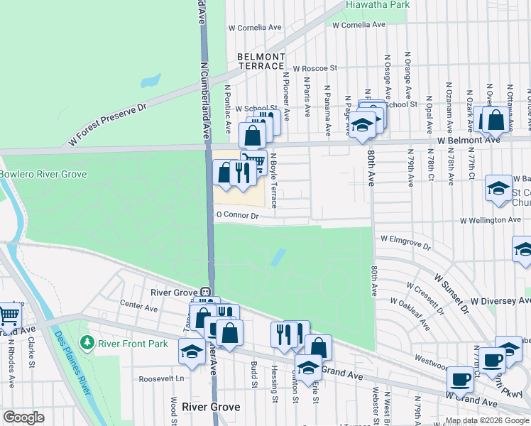 map of restaurants, bars, coffee shops, grocery stores, and more near 8251 Oconnor Drive in River Grove