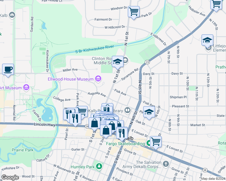 map of restaurants, bars, coffee shops, grocery stores, and more near 404 North 1st Street in DeKalb
