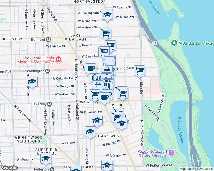 map of restaurants, bars, coffee shops, grocery stores, and more near 2860 North Broadway Street in Chicago