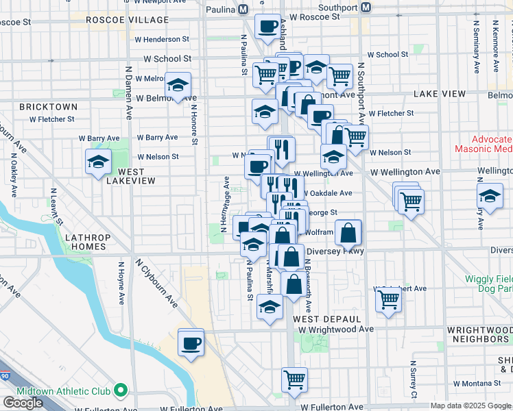 map of restaurants, bars, coffee shops, grocery stores, and more near 2928 North Ashland Avenue in Chicago