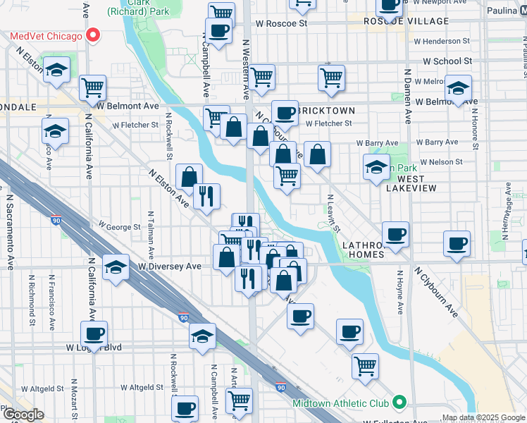 map of restaurants, bars, coffee shops, grocery stores, and more near 2342 West Oakdale Avenue in Chicago