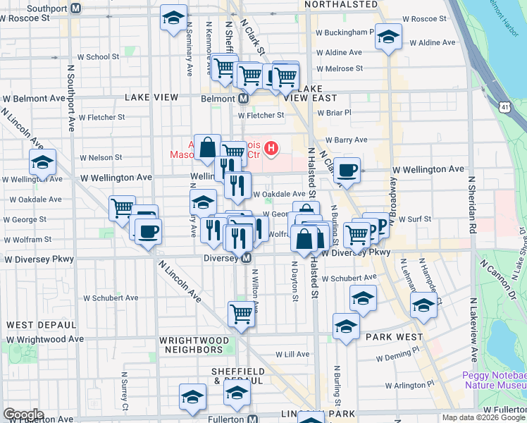 map of restaurants, bars, coffee shops, grocery stores, and more near 910 West George Street in Chicago