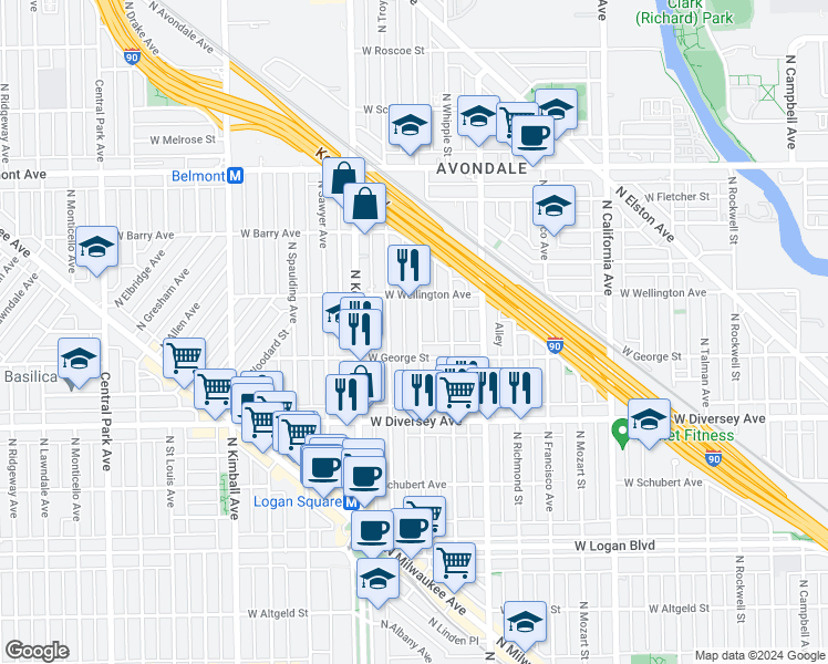 map of restaurants, bars, coffee shops, grocery stores, and more near 2909 North Albany Avenue in Chicago