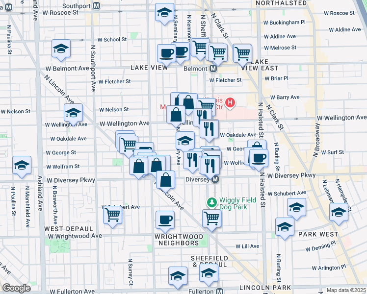 map of restaurants, bars, coffee shops, grocery stores, and more near 2851 North Seminary Avenue in Chicago
