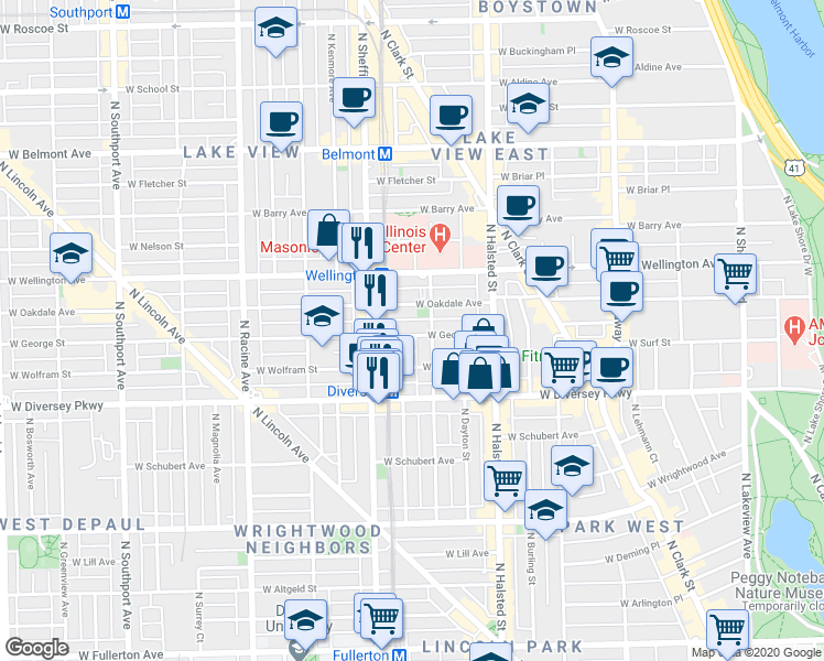 map of restaurants, bars, coffee shops, grocery stores, and more near 924 West Wolfram Street in Chicago