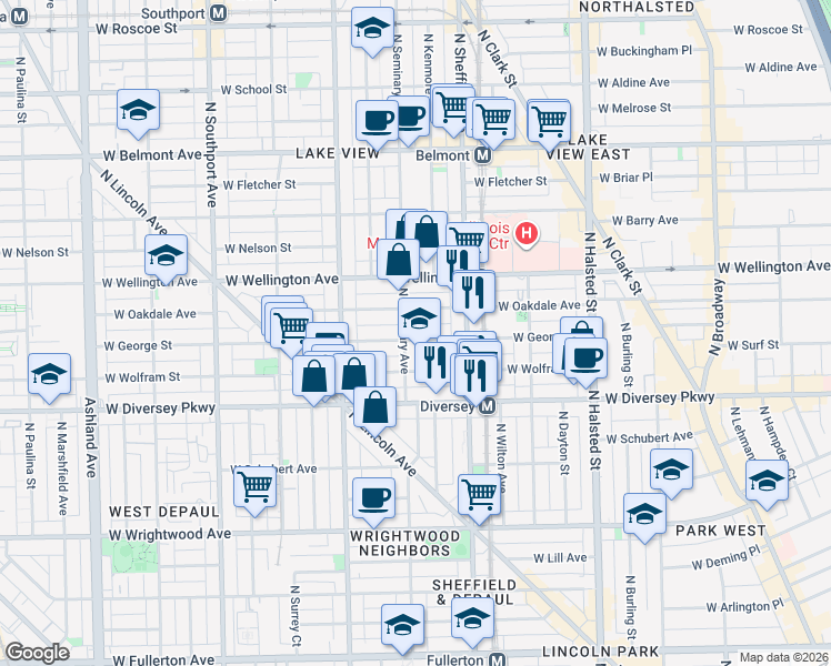 map of restaurants, bars, coffee shops, grocery stores, and more near 1050 West George Street in Chicago