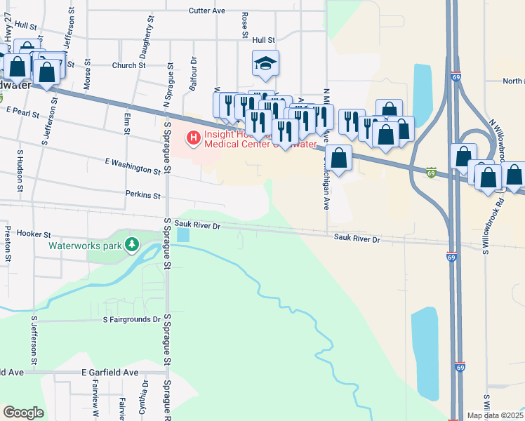 map of restaurants, bars, coffee shops, grocery stores, and more near 39 Whispering Pnes in Coldwater