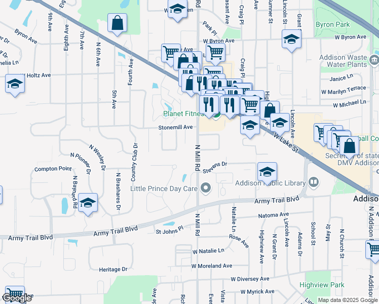 map of restaurants, bars, coffee shops, grocery stores, and more near 37-39 Army Trail Boulevard in Addison