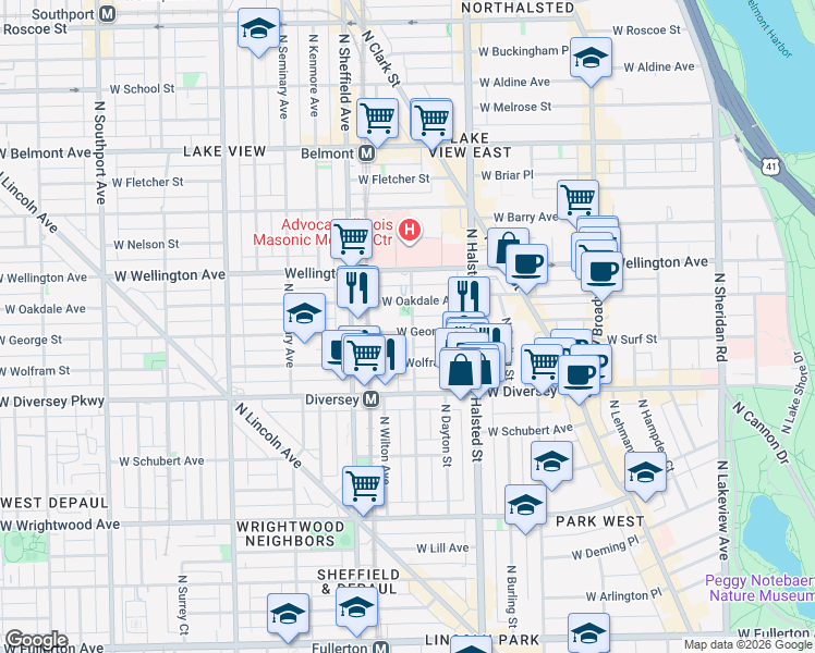 map of restaurants, bars, coffee shops, grocery stores, and more near 2900 North Mildred Avenue in Chicago