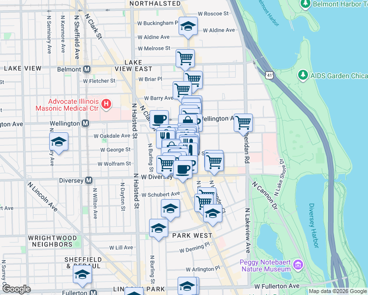map of restaurants, bars, coffee shops, grocery stores, and more near 2832 North Broadway in Chicago