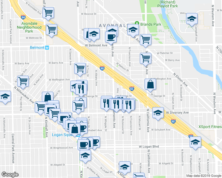 map of restaurants, bars, coffee shops, grocery stores, and more near 3022 West George Street in Chicago