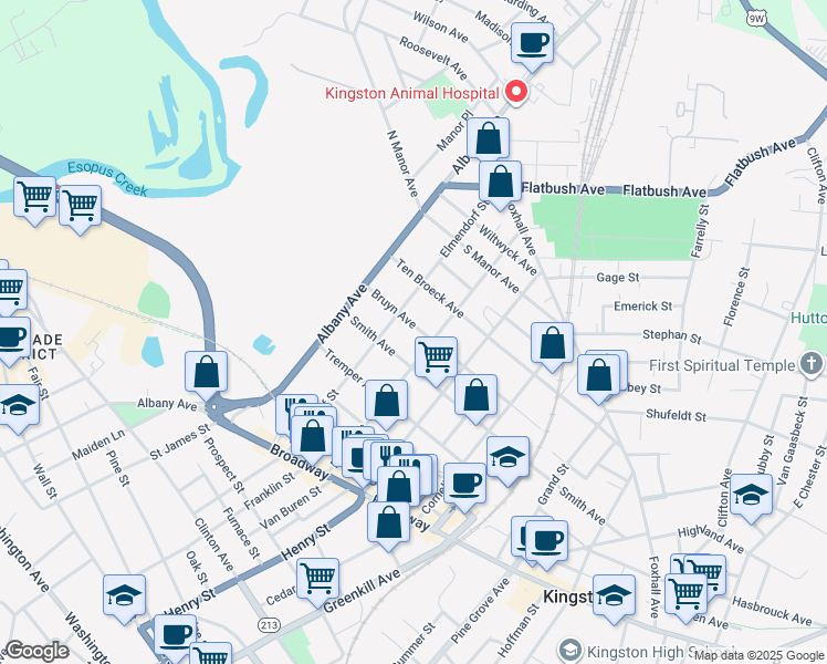 map of restaurants, bars, coffee shops, grocery stores, and more near 224 Smith Avenue in Kingston