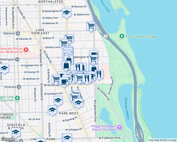 map of restaurants, bars, coffee shops, grocery stores, and more near 426 West Surf Street in Chicago
