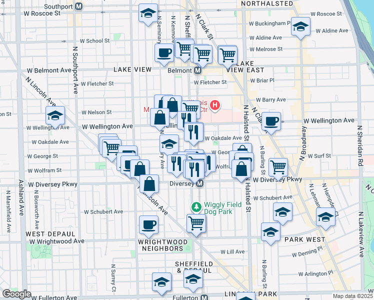 map of restaurants, bars, coffee shops, grocery stores, and more near 2844 North Sheffield Avenue in Chicago