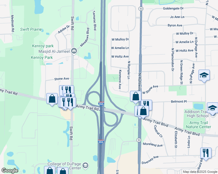 map of restaurants, bars, coffee shops, grocery stores, and more near 1851 West Sherry Lane in Addison