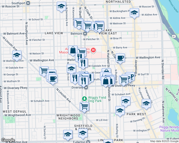 map of restaurants, bars, coffee shops, grocery stores, and more near 924 West Wolfram Street in Chicago