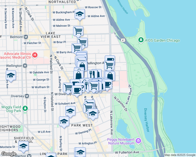 map of restaurants, bars, coffee shops, grocery stores, and more near 450 West Surf Street in Chicago