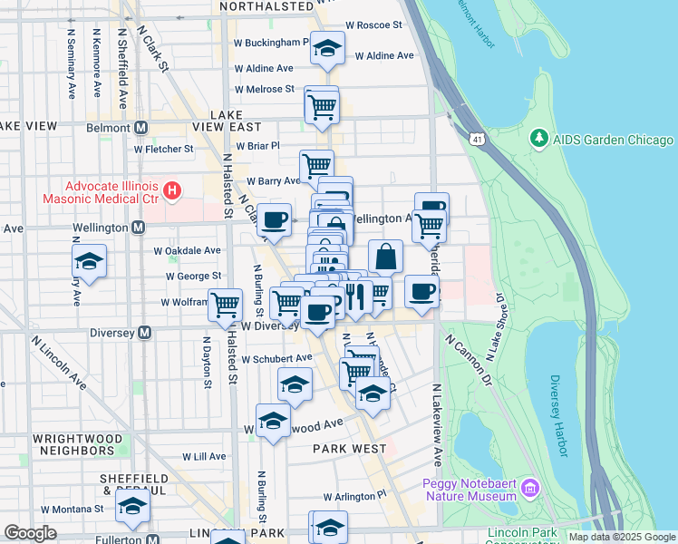 map of restaurants, bars, coffee shops, grocery stores, and more near 550 West Surf Street in Chicago
